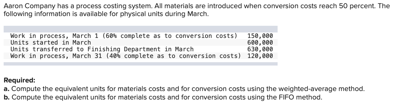  Aaron Company has a process costing system. All materials are introduced