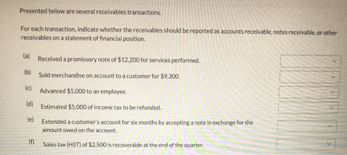  Presented below are several receivables transactions. For each transaction indicate whether