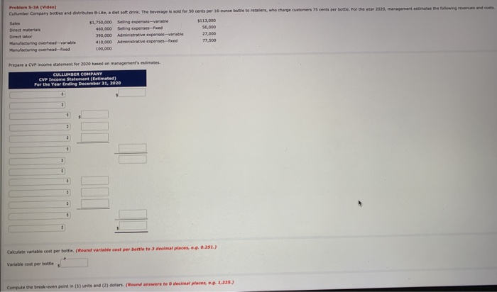 3 decimal places, eg. 0.251.) Variable cost per bottle Compute the break-even