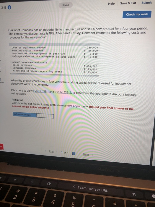  Help Save & Exit Submit 13-18 Check my work Oakmont Company