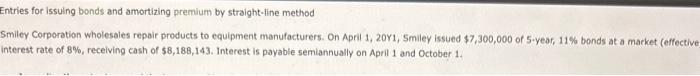 A, and B Entries for issuling bonds and amortizing premium by straight-line