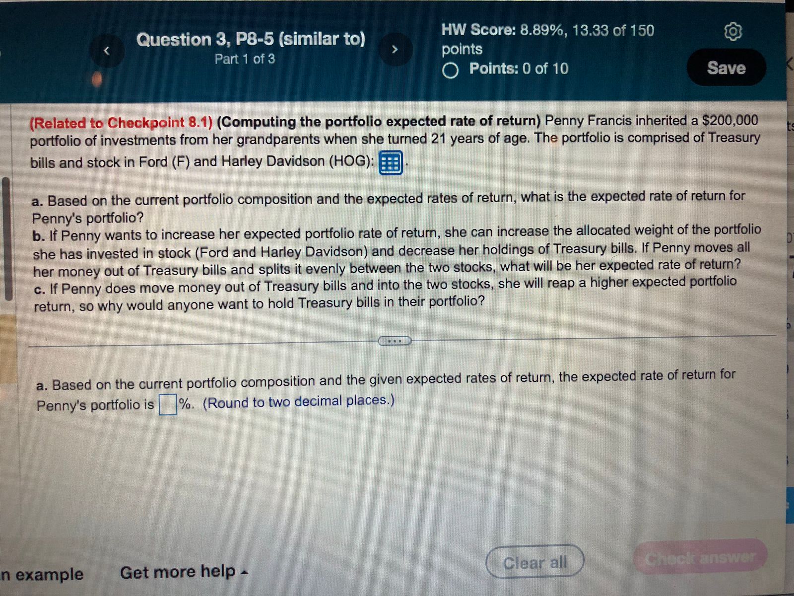 portfolio expected rate of return) Penny Francis inherited a $200,000 portfolio of