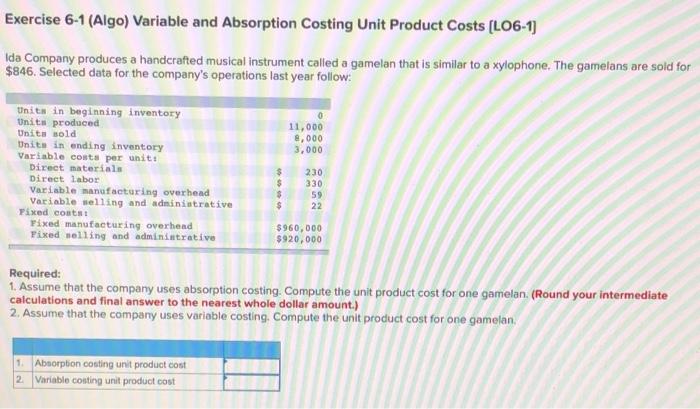  Exercise 6-1 (Algo) Variable and Absorption Costing Unit Product Costs (L06-1)