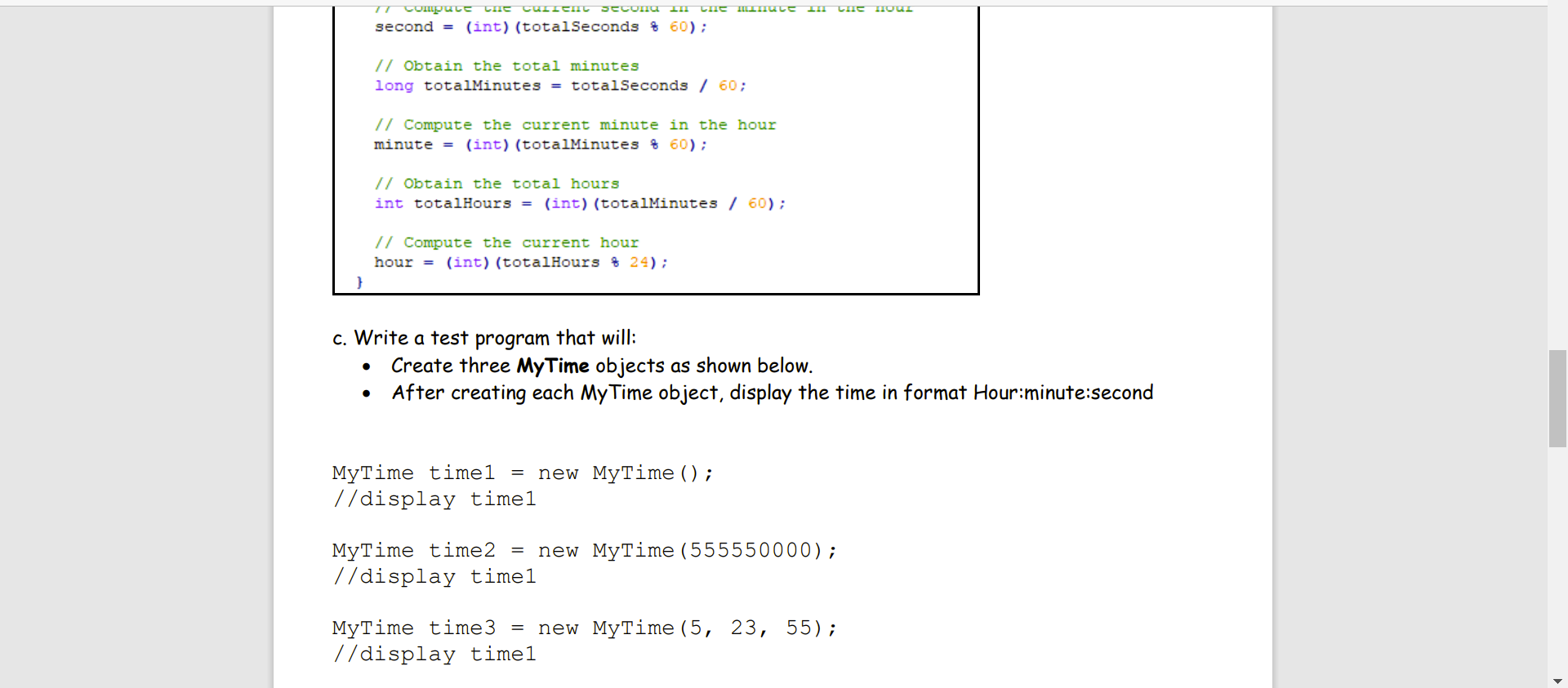 a. Data fields hour, minute and second to represent time. b. A