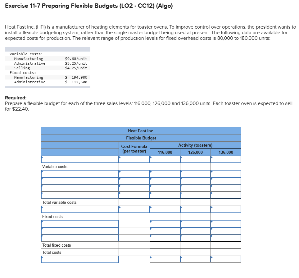  Exercise 11-7 Preparing Flexible Budgets (LO2- CC12)(Algo) Heat Fast Inc. (HFI)