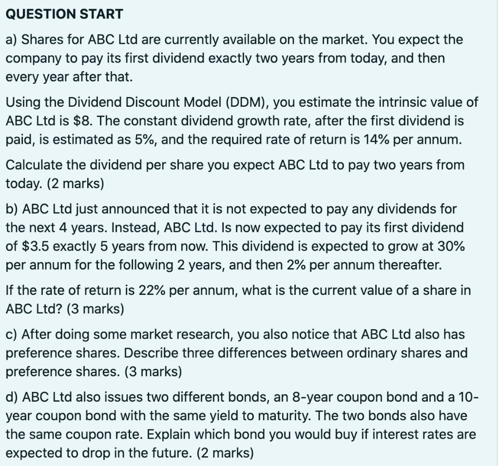 Written out working out please QUESTION START a) Shares for ABC Ltd