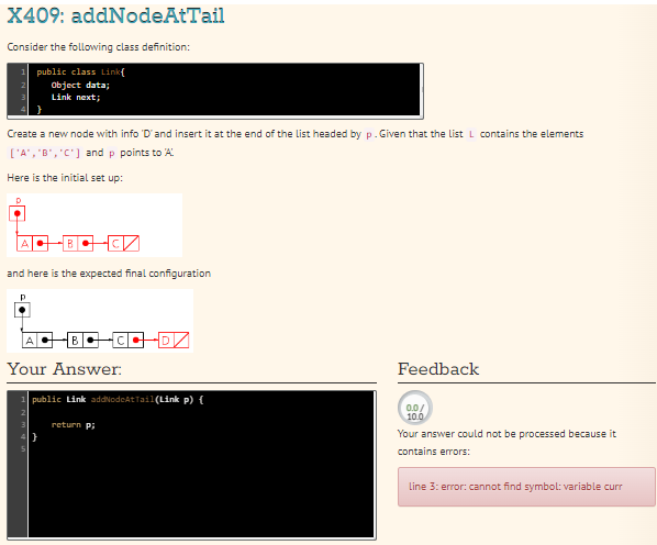  public Link addNodeAtTail(Link p){ return p; } Create a new node
