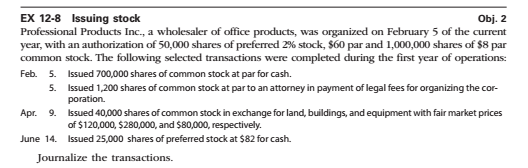 SHOW ALL WORK EX 12-8 Issuing stock Obj. 2 Professional Products Inc.,