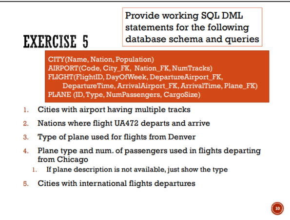  Provide working SQL DML statements for the following EXERCISE 5database schema