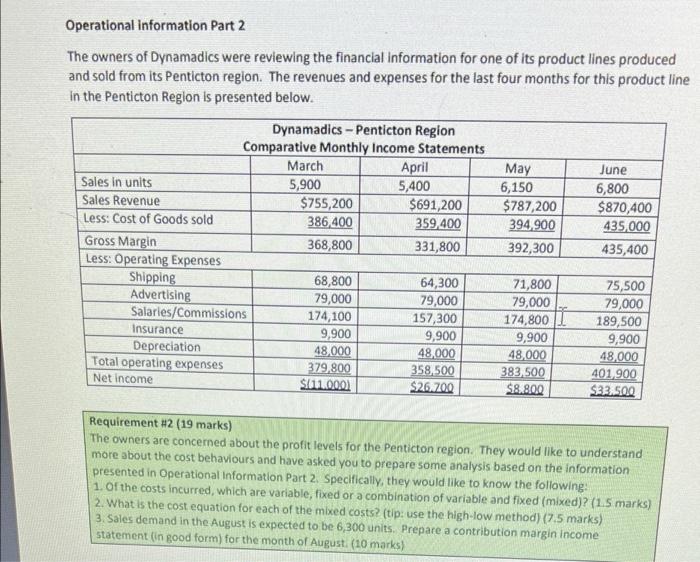 need answer as soon as possible Operational information Part 2 The owners