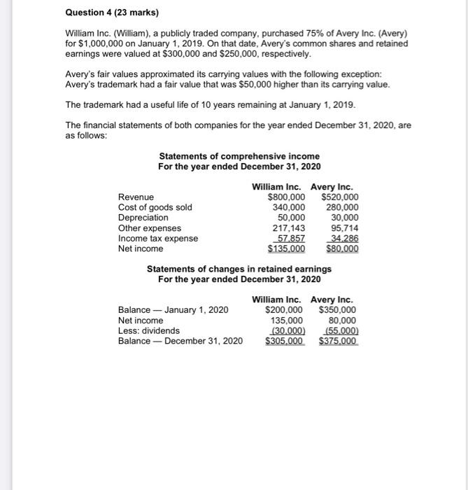  Question 4 (23 marks) William Inc. (William), a publicly traded company,