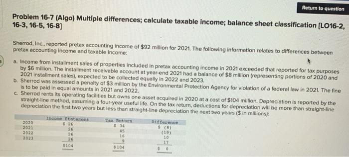  Return to question Problem 16-7 (Algo) Multiple differences; calculate taxable income;