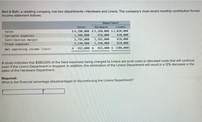 please asap Bed & Bath, a retailing company, has two departments--Hardware and