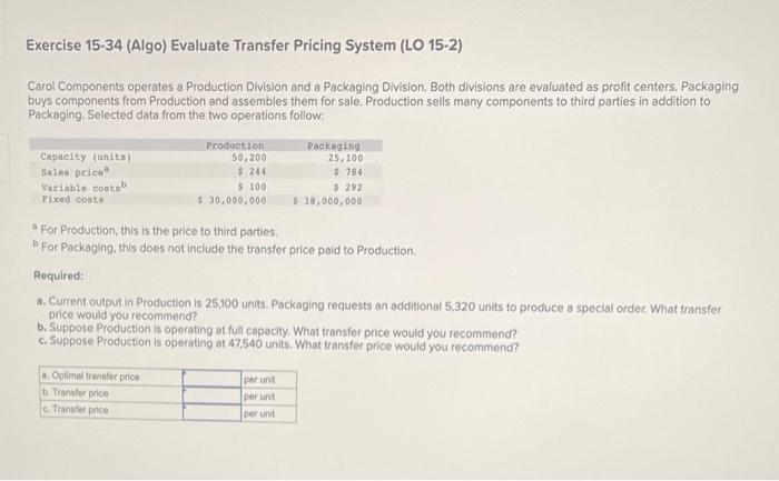  Exercise 15-34 (Algo) Evaluate Transfer Pricing System (LO 15-2) Carol Components