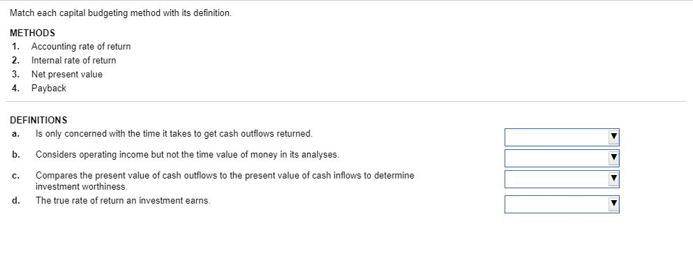  Match each capital budgeting method with its definition. METHODS 1. Accounting