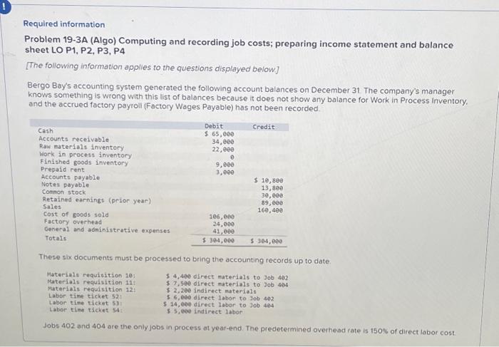  Required information Problem 19-3A (Algo) Computing and recording job costs; preparing
