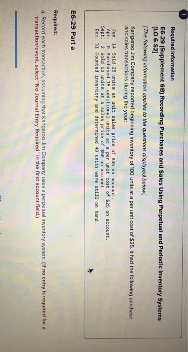  Required information E6-29 (Supplement 6B) Recording Purchases and Sales Using Perpetual