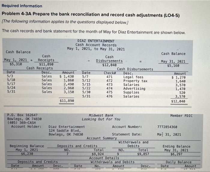  Required information Problem 4-3A Prepare the bank reconciliation and record cash