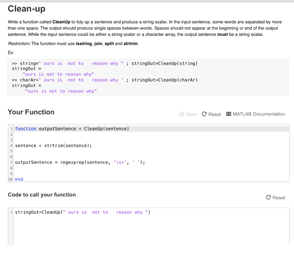 MATLAB trouble! Write a function called CleanUp to tidy up a sentence