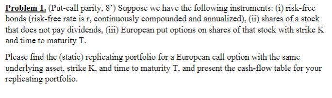 Problem 1. (Put-call parity, 8 ) Suppose we have the following