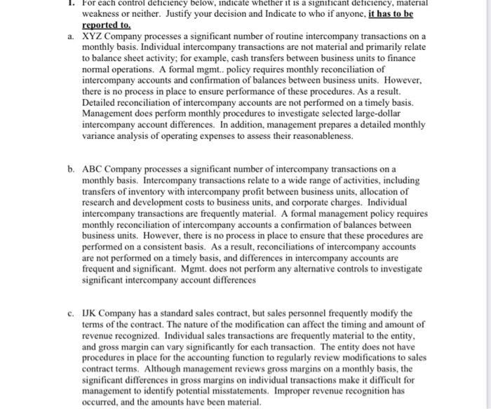  For each control deficiency below, indicate whether it is a significant