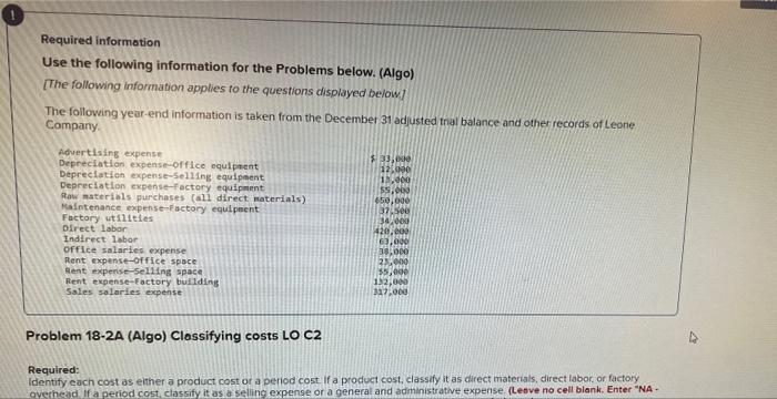  Required information Use the following information for the Problems below. (Algo)