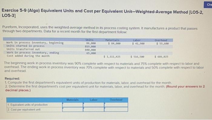  Che Exercise 5-9 (Algo) Equivalent Units and Cost per Equivalent Unit--Weighted-Average