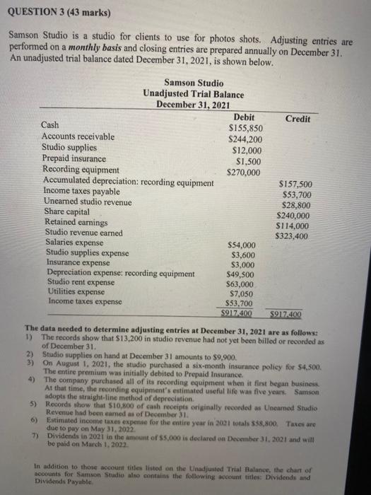  QUESTION 3 (43 marks) Samson Studio is a studio for clients
