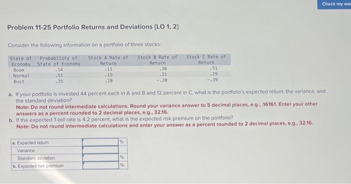  Problem 11-25 Portfolio Returns and Deviations [LO 1, 2] Consider the