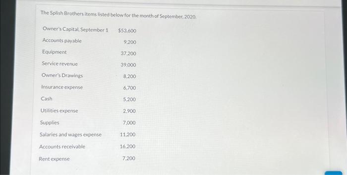  prepare owners equity statment The Splish Brothers items listed below for