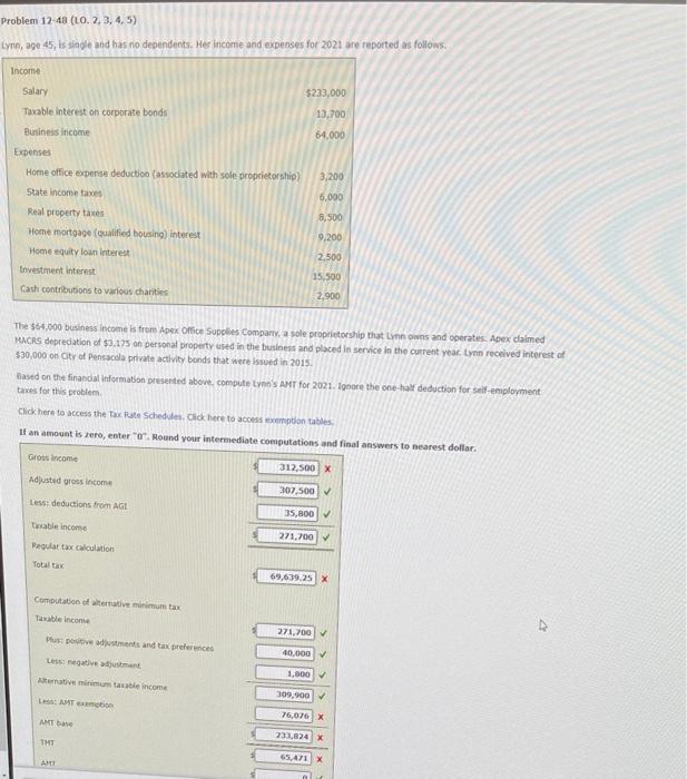  Problem 12-48 (LO.2.3,4,5) tynn, age 45, is single and has no