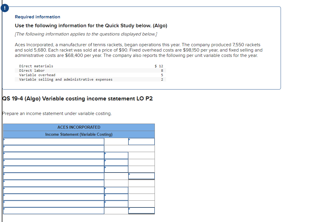 Required information Use the following information for the Quick Study below.