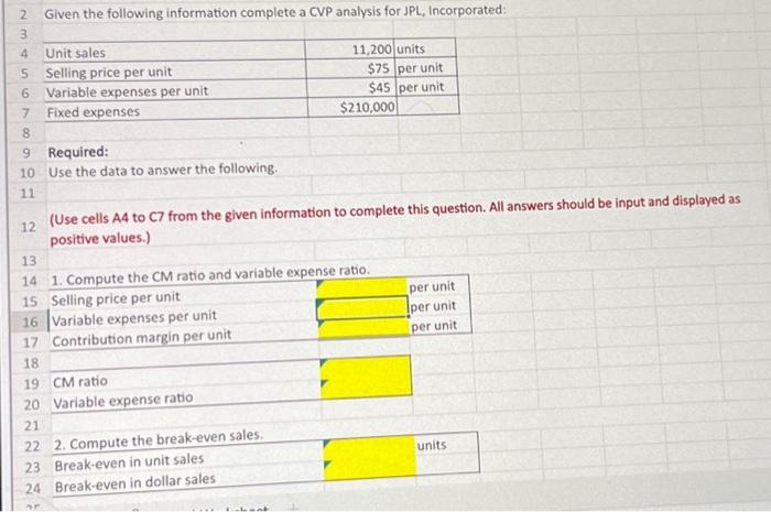  2 Given the following information complete a CVP analysis for JPL,