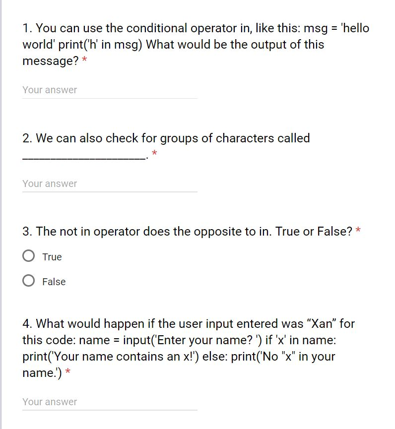  1. You can use the conditional operator in, like this: msg