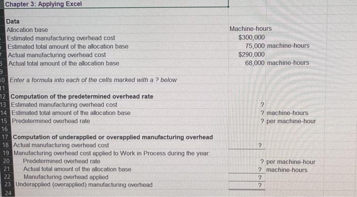  Chapter 3: Applying Excel Data Allocation base Machine-hours Estimated manufacturing overhead