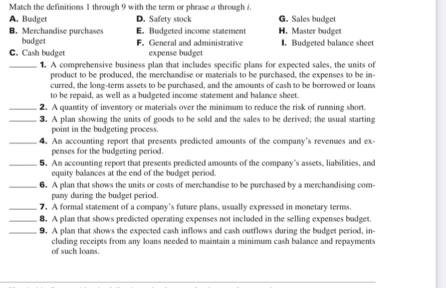  Match the definitions 1 through 9 with the term or phrase