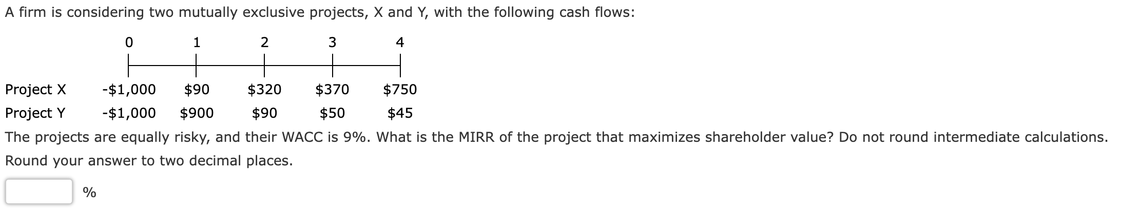  A firm is considering two mutually exclusive projects, x and Y,
