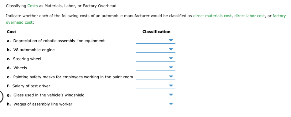  Classifying Costs as Materials, Labor, or Factory Overhead Indicate whether each