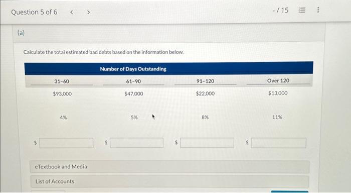 Calculate the total estimated bad debts based on the information below