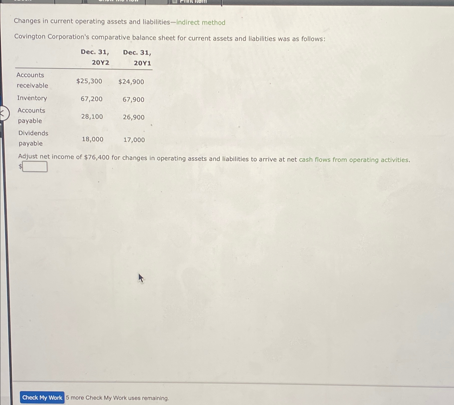  Changes in current operating assets and liabilities-indirect method Covington Corporation's comparative