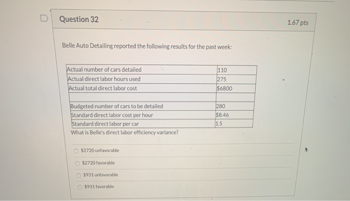  D Question 32 : 1.67 pts Belle Auto Detailing reported the