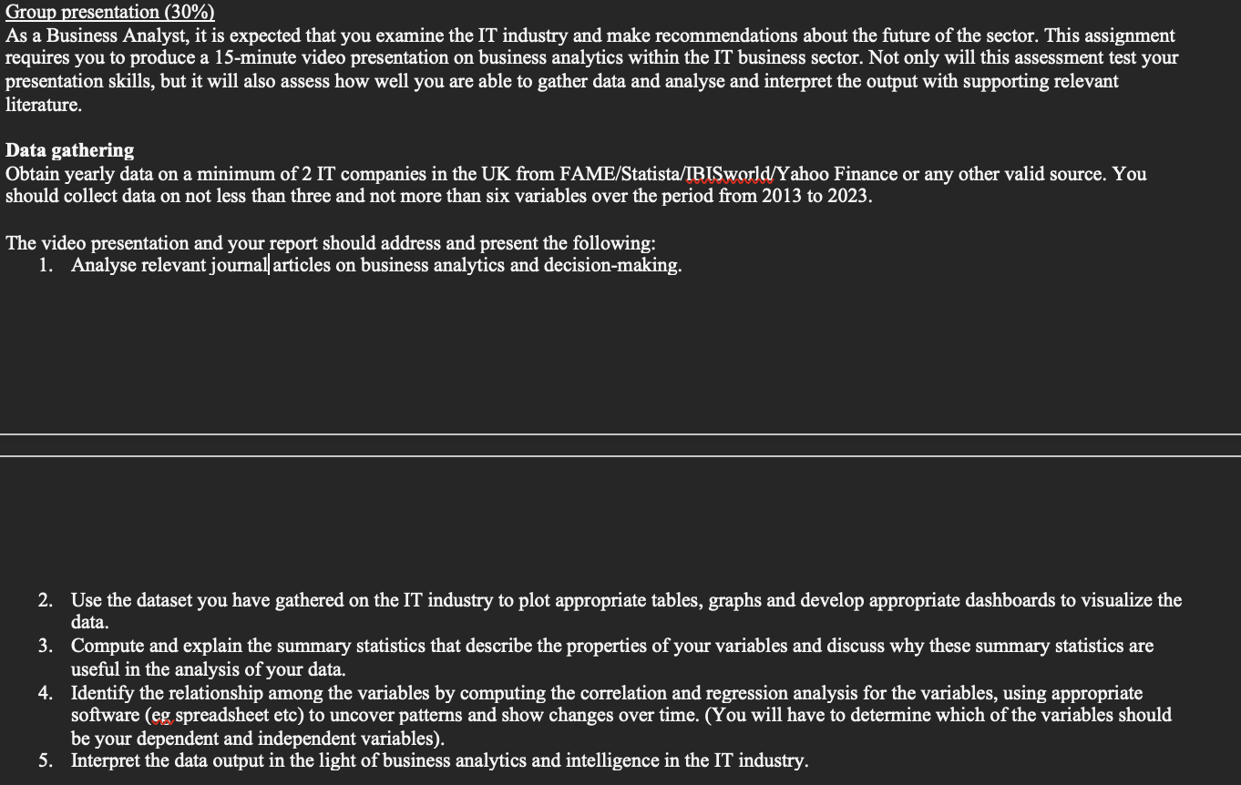  Group presentation (30%) As a Business Analyst, it is expected that