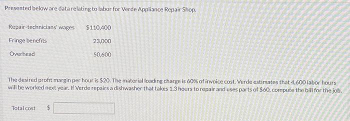  Presented below are data relating to labor for Verde Appliance Repair