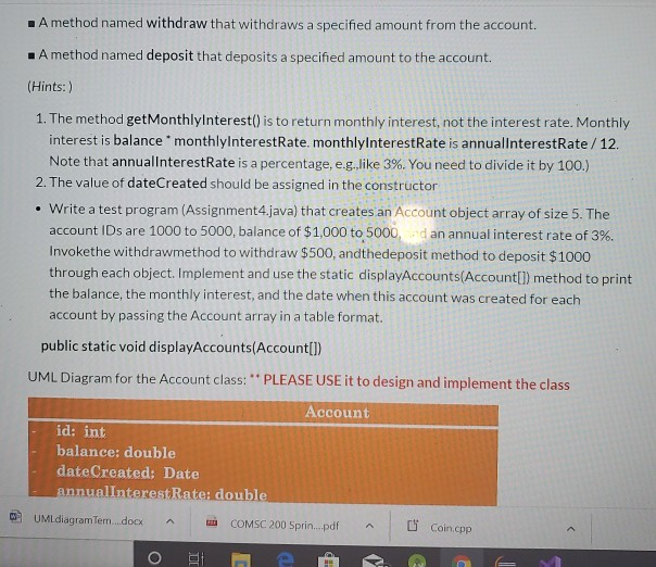 that contains: A private int data field named id for the account