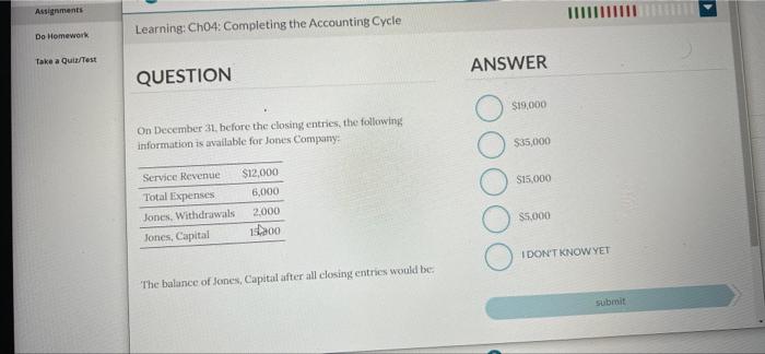  Assignments Do Homework Take a Quiz/Test Learning: Ch04: Completing the Accounting
