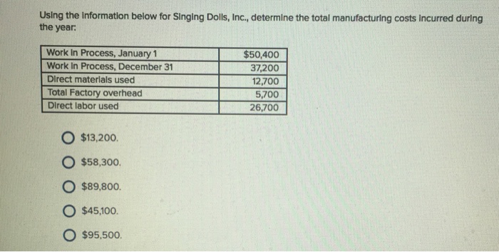  using the Information below for singing Dolls, Inc., determine the total