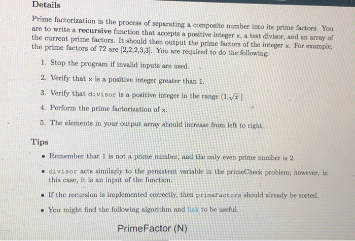 primefactorization (x, divisor, primeFactors) Input Type Description * 1x1 double A n
