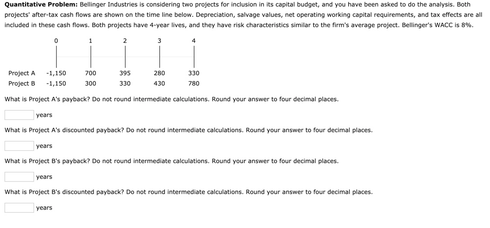 Quantitative Problem: Bellinger Industries is considering two projects for inclusion in