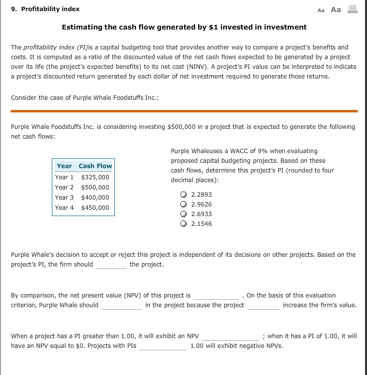  9. Profitability index Aa Aa Estimating the cash flow generated by