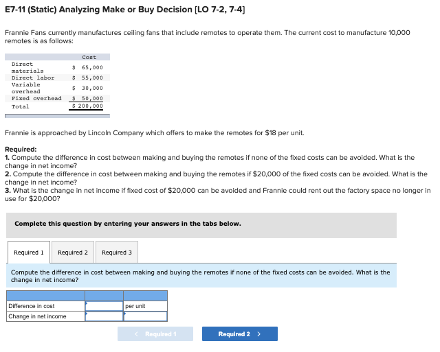 E7-11 (Static) Analyzing Make or Buy Decision [LO 7-2, 7-4) Frannie